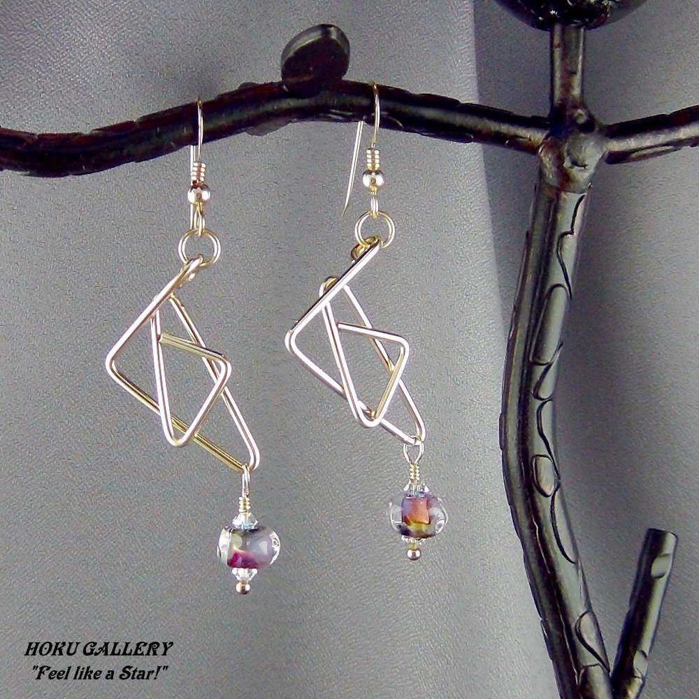 Earrings Purple Lampwork Glass Austrian Crystals 14K GF Wire NWOT Handmade 2.5"